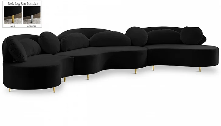 Meridian Vivacious Velvet 3pc. Sectional in Black Velvet 632Black-Sectional