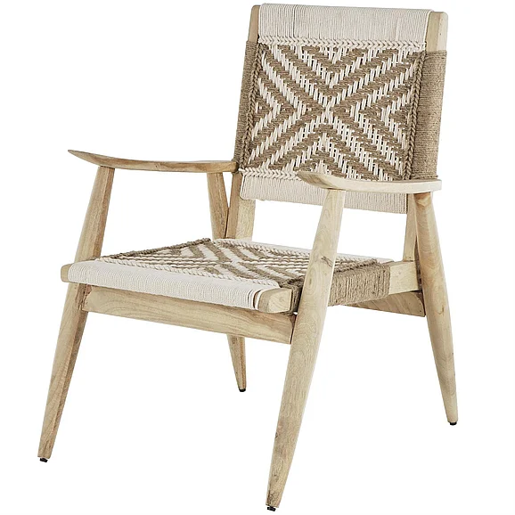 UMA White Jute Rope Handmade Geometric Patterned Woven Living Room Accent Chair with Brown Mango Wood Frame, 23" x 23" x 33" | 13980 CLOSEOUT