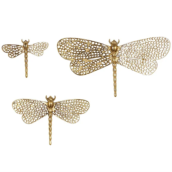 UMA Gold Aluminum Metal Dragonfly Home Wall Decor with Spotted Cutout Wings, Set of 3 12, 11, 8H | 13992