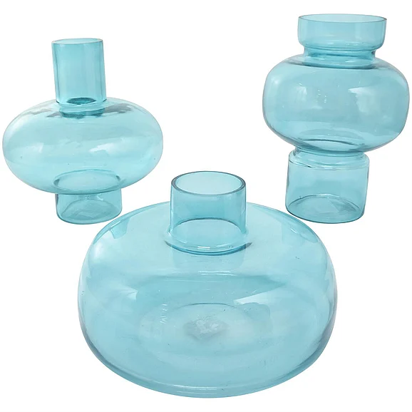 UMA Blue Glass Transparent Round Bubble Decorative Vase with Varying Shapes and Sizes, (Set of 3) 12, 10, 7H | 14031