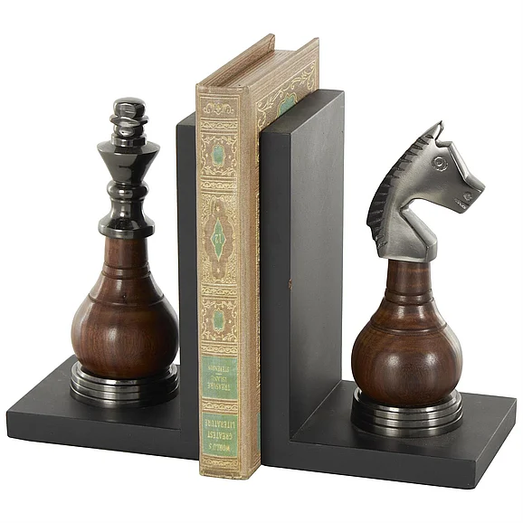 UMA Black Aluminum Metal Chess Decorative Bookends with Aluminum Accents, Set of 2 4W, 7H | 14067
