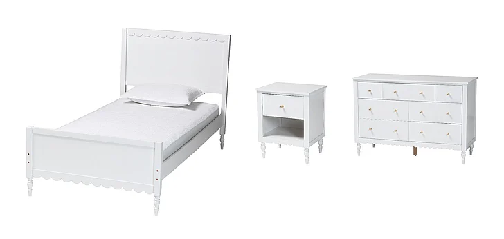 Baxton Studio Roni 3pc Twin Day Bedroom Set with Scalloped Edges in White