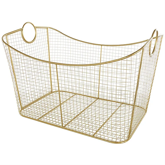 UMA Gold Metal Geometric Wire Grid Decorative and Functional Storage Basket with Curved Sides and Ring Handles, 30" x 20" x 20" | 14232
