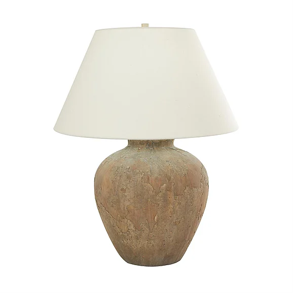 UMA Brown Ceramic Wide Rounded Distressed Antique Room Table Lamp with Cream Linen Shade, 20" x 20" x 25" | 14244