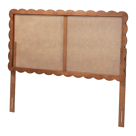 Baxton Studio Orianthe Scalloped Headboard - Chic Bed Backrest with Cane Woven Panel, Minimalist Bedroom Decor, Queen 14260