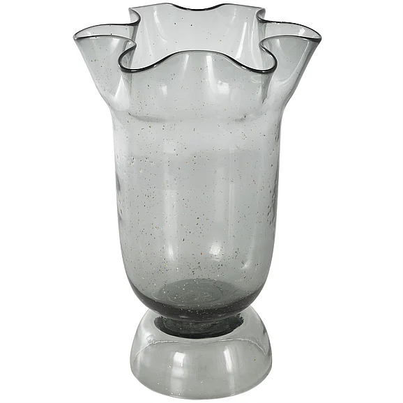 UMA Black Glass Floral Tulip Inspired Decorative Vase with Wavy Opening and Gold Speckles, 9" x 8" x 14" | 14266 CLOSEOUT