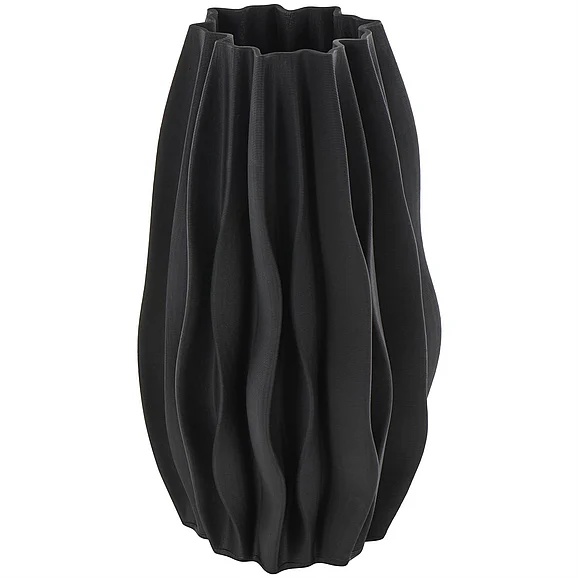 UMA Ceramic Abstract Dimensional Wavy Ribbed Decorative Vase with Floral Shaped Rim in Black 14279