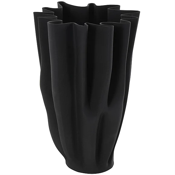 UMA Black Ceramic Abstract Dimensional Ribbed Tulip Decorative Vase with Angular Rim, 10 x 10 x 15 | 14299