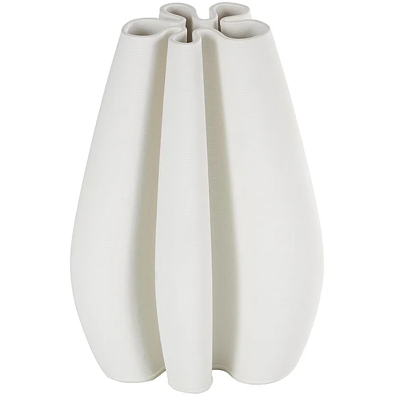 UMA White Ceramic Abstract Ribbed Dimensional Concaved Decorative Vase with Floral Shaped Rim, 6 x 5 x 9 | 14308
