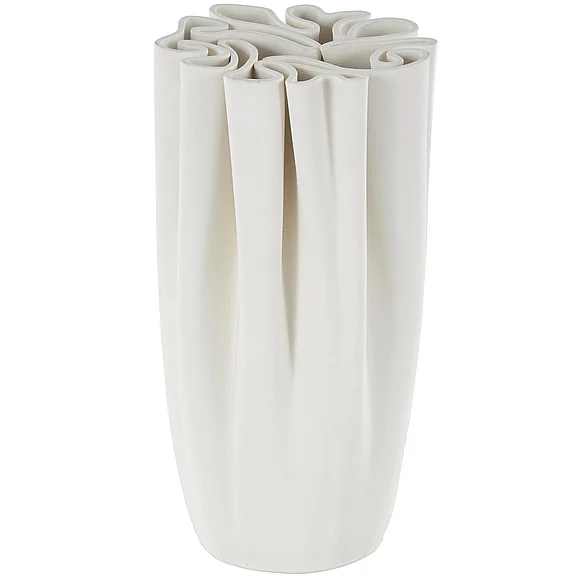 UMA White Ceramic Abstract Ribbed Dimensional Folded Decorative Vase with Compact Wavy Rim, 6 x 6 x 11 | 14321