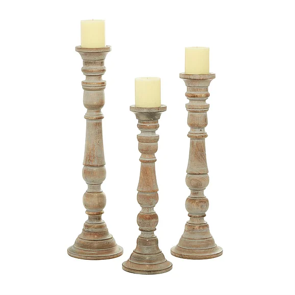 UMA Brown Mango Wood Handmade Decorative Candle Holder with Turned Style, Set of 3 24, 21, 18H | 14342