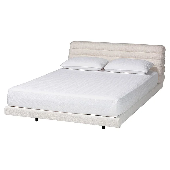 Baxton Studio Alfie Boucle Floating Bed with Channel Tufted Headboard - Low Profile Minimalist Platform Bed Frame, Cream, King 14357