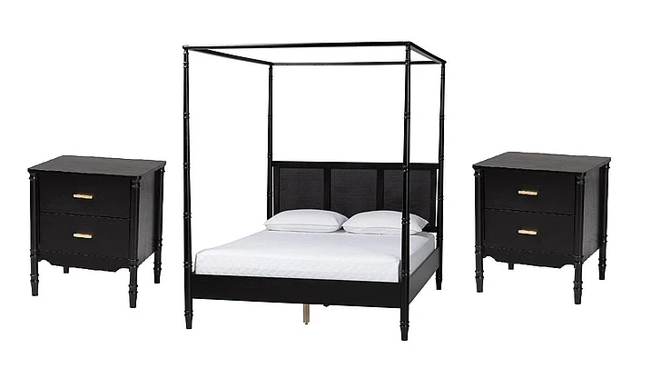 Baxton Studio Marisela 3pc Canopy Bedroom Set with Synthetic Headboard in Black