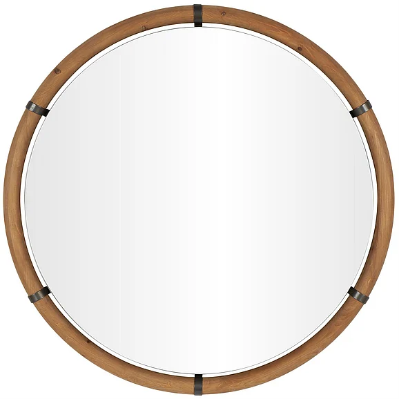 UMA Brown Wood Round Room Wall Mirror with Brass Metal Support, 40" x 2" x 40" | 14574