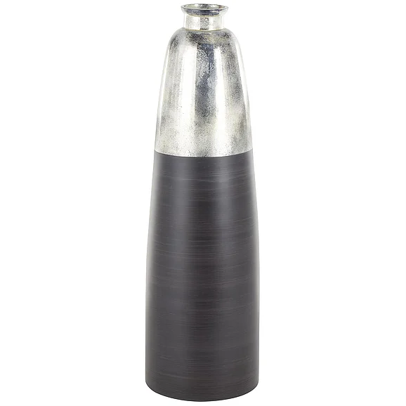UMA Black Glass Tall Brushed Two-Toned Floor Decorative Vase with Textured Silver Top, 10" x 10" x 34" | 14593 CLOSEOUT