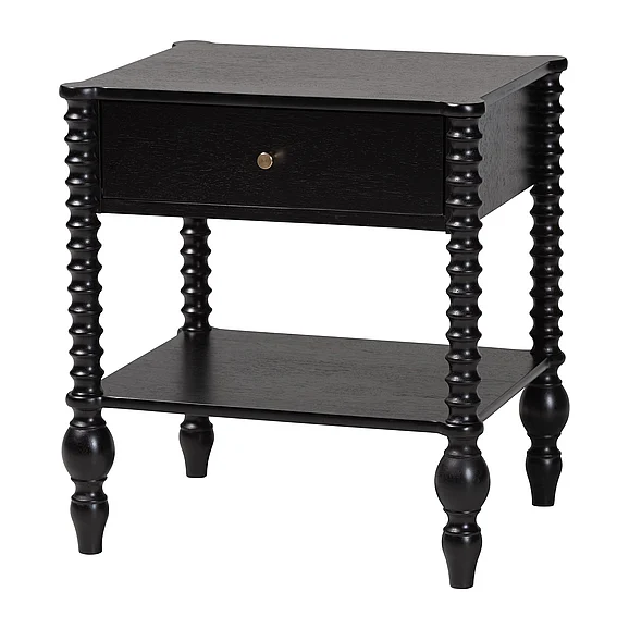 Baxton Studio Callison Spindle Nightstand - 1-Drawer Farmhouse Bedside Table with Open Shelf Storage and Turned Accents Black 14738