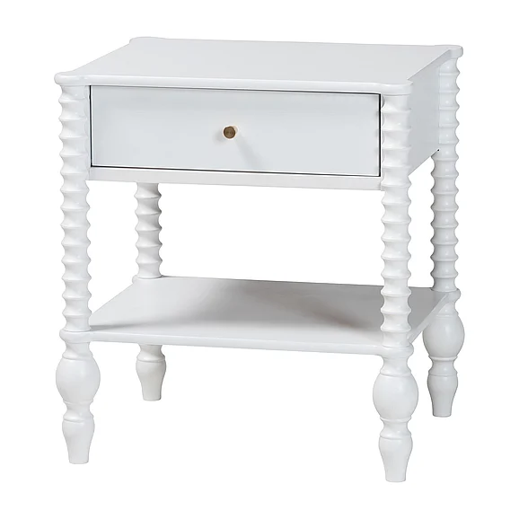 Baxton Studio Callison Spindle Nightstand - 1-Drawer Farmhouse Bedside Table with Open Shelf Storage and Turned Accents White 14739
