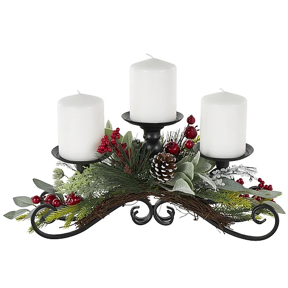 UMA Black Metal Scroll Holiday Decorative Christmas Sculpture with Pinecone and Holly Accents, 19" x 8" x 8" | 14746