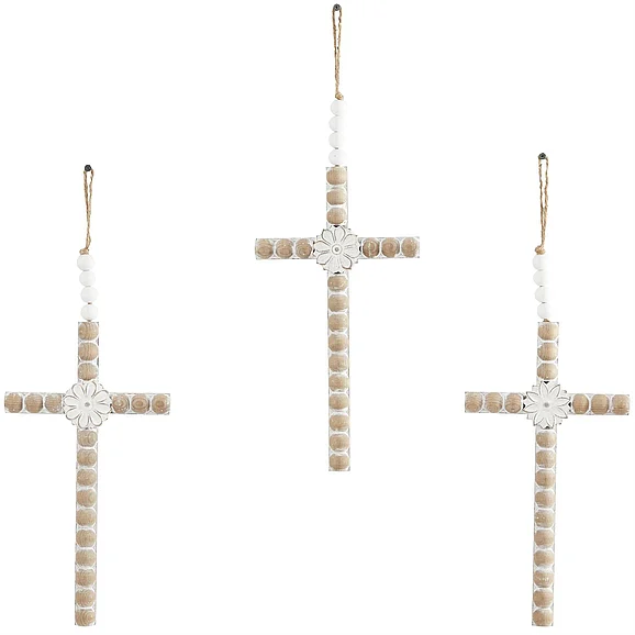 UMA Light Brown Wood Cross Carved Beaded Crosses Wall Decor with Rope Hanger, Set of 3 7W, 19H | 14767 CLOSEOUT