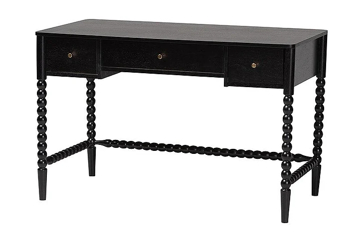 Baxton Studio Lucera Bobbin Writing Desk - 3-Drawer Home Office Desk with Spindle Frame, Black