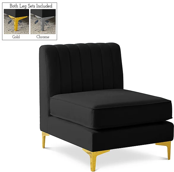 Meridian Alina Velvet Modular Armless Chair in Black Velvet 604Black-Armless
