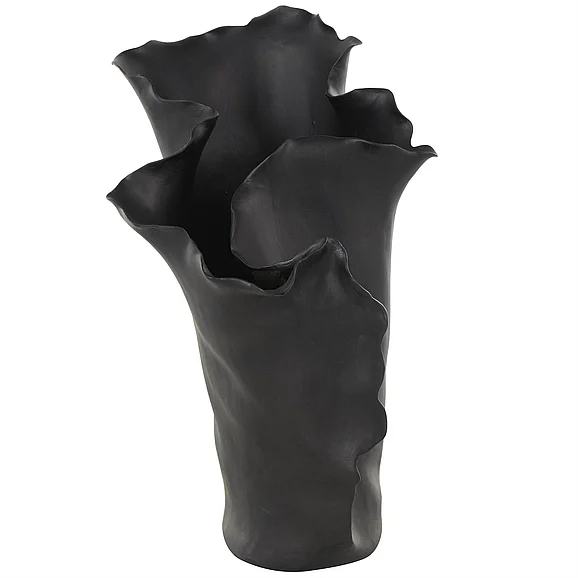 UMA CosmoLiving by Cosmopolitan Black Ceramic Abstract Floral Inspired Decorative Vase with Wavy Folded Rim, 9 x 11 x 16 | 14939