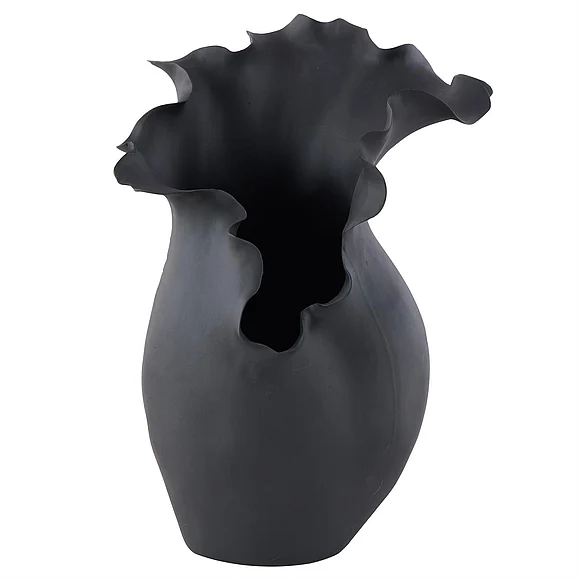 UMA Ceramic Abstract Floral Inspired Decorative Vase with Wavy Folded Rim in Black 14941