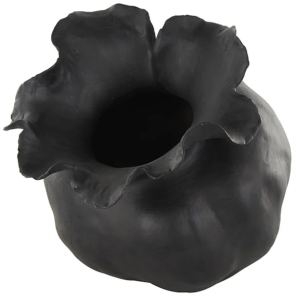 UMA Black Ceramic Abstract Wide Rounded Floral Shaped Decorative Vase with Petal Rim, 8 x 10 x 9 | 14946