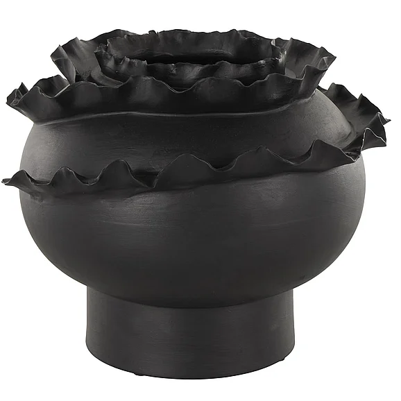 UMA CosmoLiving by Cosmopolitan Black Ceramic Abstract Wide Rounded Floral Inspired Decorative Vase with Layered Petals, 12 x 12 x 9 | 14947