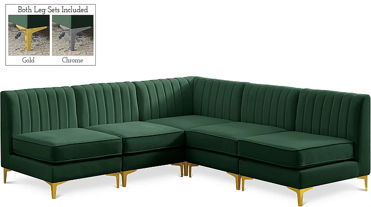 Meridian Alina Velvet Modular Sectional in Green Velvet 604Green-Sec5A