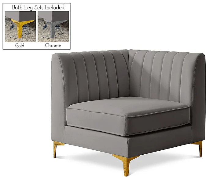 Meridian Alina Velvet Modular Corner Chair in Grey Velvet 604Grey-Corner