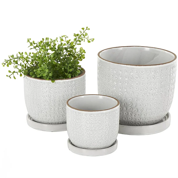 UMA White Ceramic Abstract Circle Patterned Indoor Outdoor Planter with Brown Accents and Base Tray, Set of 3 7, 5H | 15034 CLOSEOUT