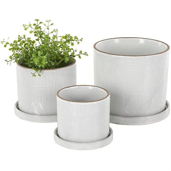UMA White Ceramic Geometric Grid Patterned Indoor Outdoor Planter with Brown Accents and Base Tray, Set of 3 6, 5H | 15035