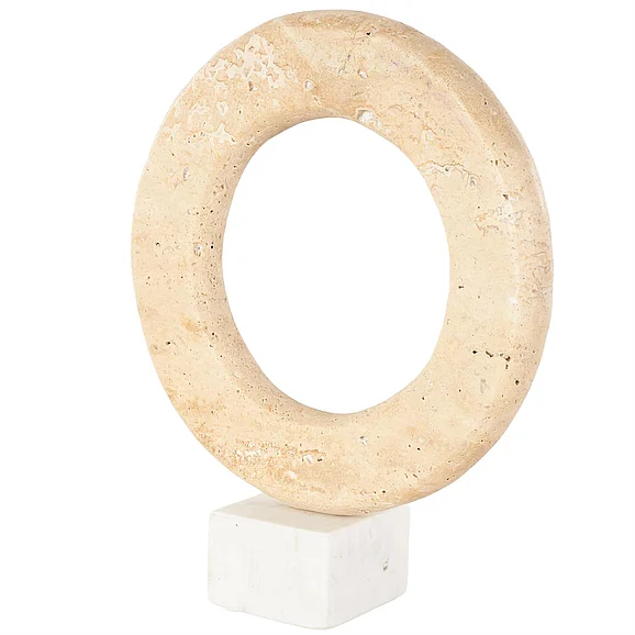 UMA Cream Marble Abstract Ring Decorative Sculpture with White Base, 10" x 3" x 12" | 15053