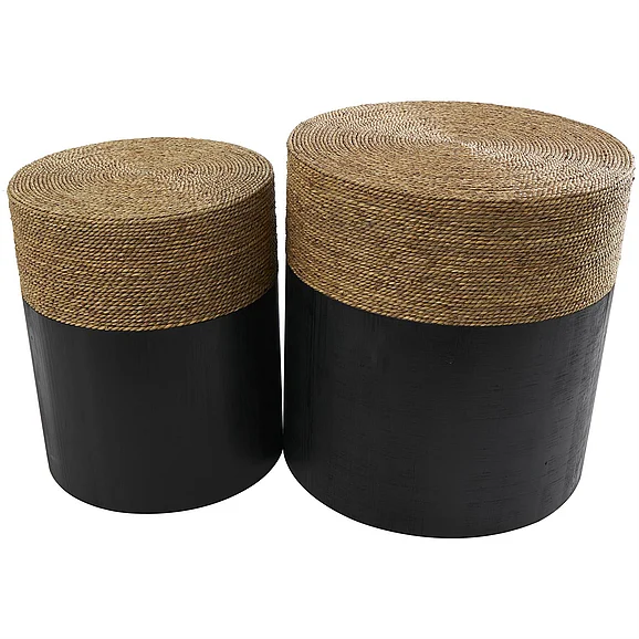 UMA Black Wood Handmade Colorblock Wrapped Side End Accent Table with Dried Plant Tabletops, (Set of 2) 20, 18H | 15059
