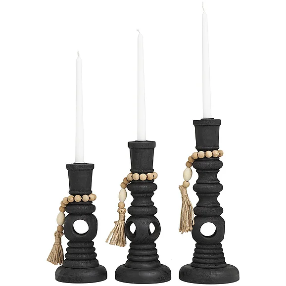 UMA Black Wood Handmade Textured Matte Decorative Candle Holder with Beaded Garland Accent, Set of 3 14, 12, 10H | 15077 CLOSEOUT