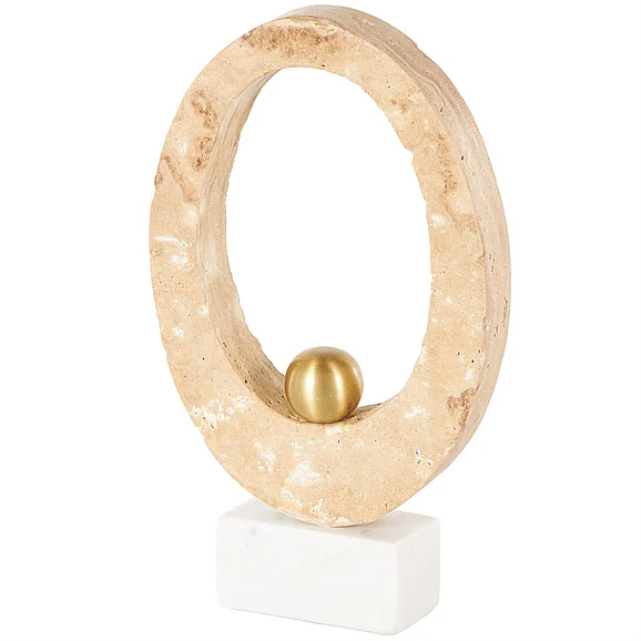 UMA Cream Marble Abstract Oval Decorative Sculpture with Gold Ball and White Base, 7 x 3 x 12 | 15083
