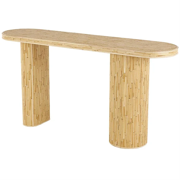 UMA Brown Rattan Handmade Textured Oval Living Room Console Table with Linear Wood Strip Design, 64" x 16" x 32" | 15098