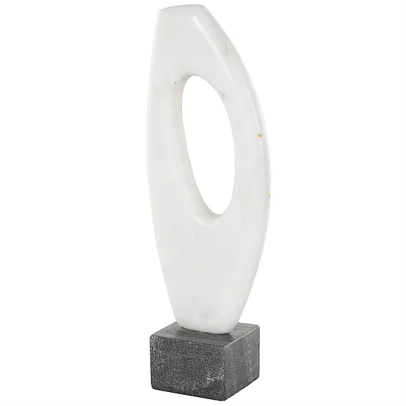 UMA White Marble Abstract Angled Cutout Decorative Sculpture with Black Block Base, 5" x 3" x 14" | 15099