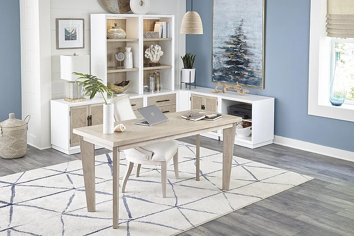 Palmetto Home/Panama Jack Boca Grande 7pc Entertainment Living Room Set in White with Wire Brushed Natural Oak