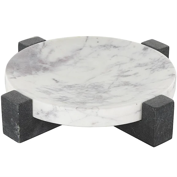 UMA White Marble Geometric Round Living Room Decor Tray with Black X-Shaped Base, 10" x 10" x 3" | 15131