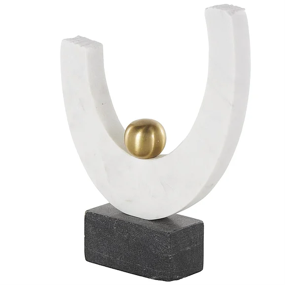 UMA White Marble Abstract Curved Semicircle Decorative Sculpture with Gold Orb Accent and Black Block Base, 8" x 2" x 10" | 15142