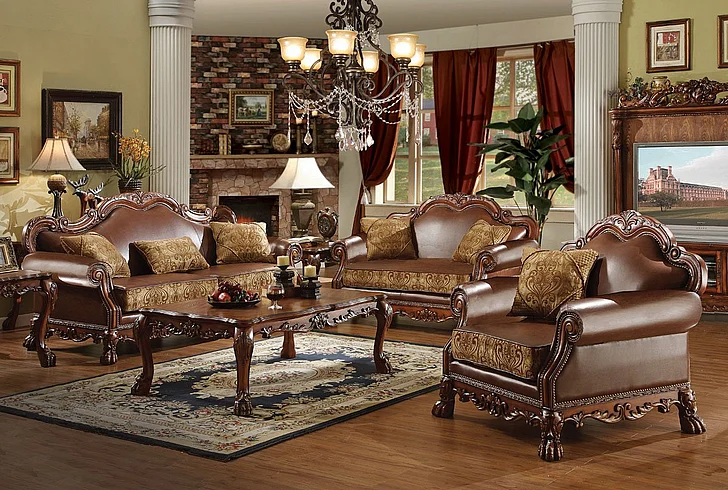 Acme Dresden Bycast Leather-Chenille Living Room Set in Cherry