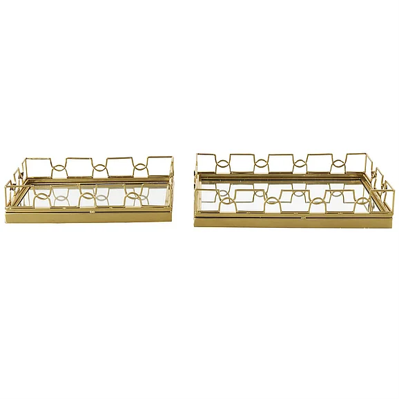UMA Gold Stainless Steel Metal Geometric Mirrored Living Room Decor Tray with Wire Rod Frame and Mirrored Glass Interior, (Set of 2) 14, 12W | 15207