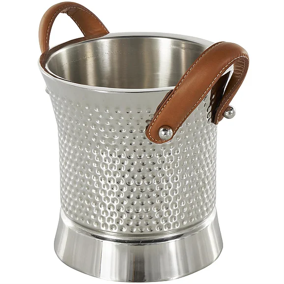 UMA Silver Stainless Steel Metal Hammered Ice Bucket with Brown Leather Handles, 12" x 9" x 11" | 15209