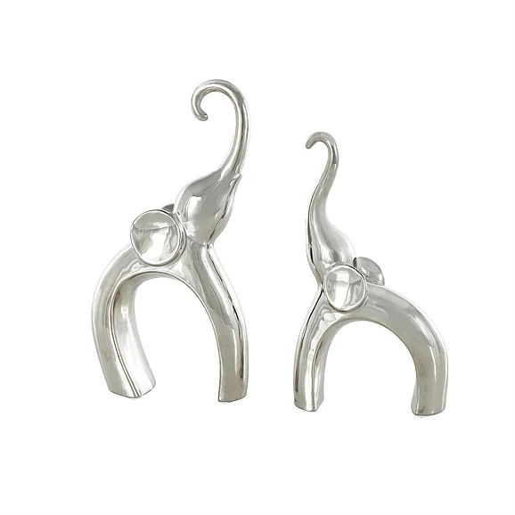 UMA Silver Ceramic Elephant Abstract Arched Cutout Decorative Sculpture, Set of 2 13, 11H | 15270