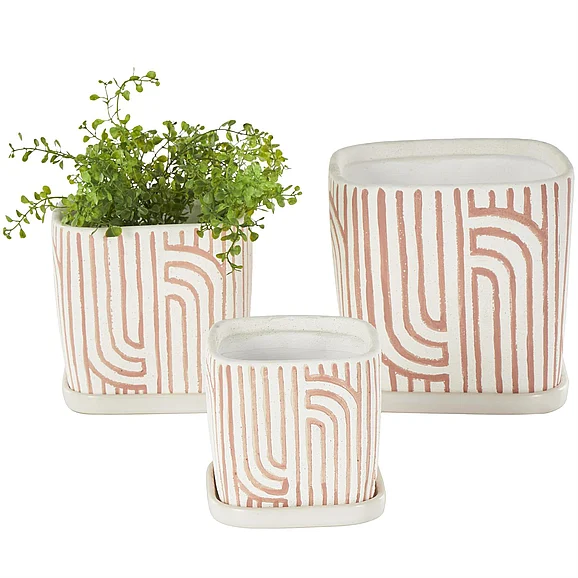 UMA Pink Ceramic Geometric Arched Patterned Indoor Outdoor Planter with Attached Saucer, Set of 3 7, 6, 5H | 15385 CLOSEOUT