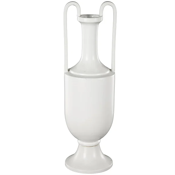 UMA White Ceramic Fluted Urn Shaped Decorative Vase with Arch Handles, 6" x 6" x 20" | 15419