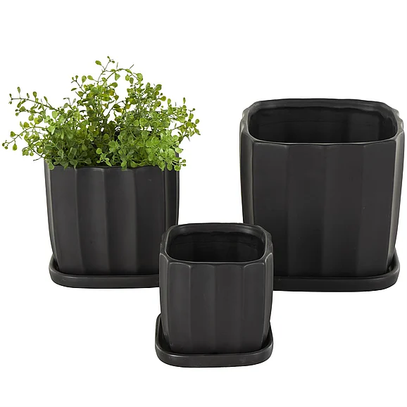 UMA Black Ceramic Ribbed Indoor Outdoor Planter with Attached Saucer, Set of 3 7, 6, 5H | 15449