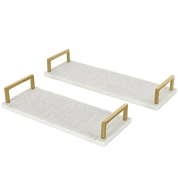 UMA White Marble Textured Living Room Decor Tray with Gold Handles, Set of 2 18,15W | 15489